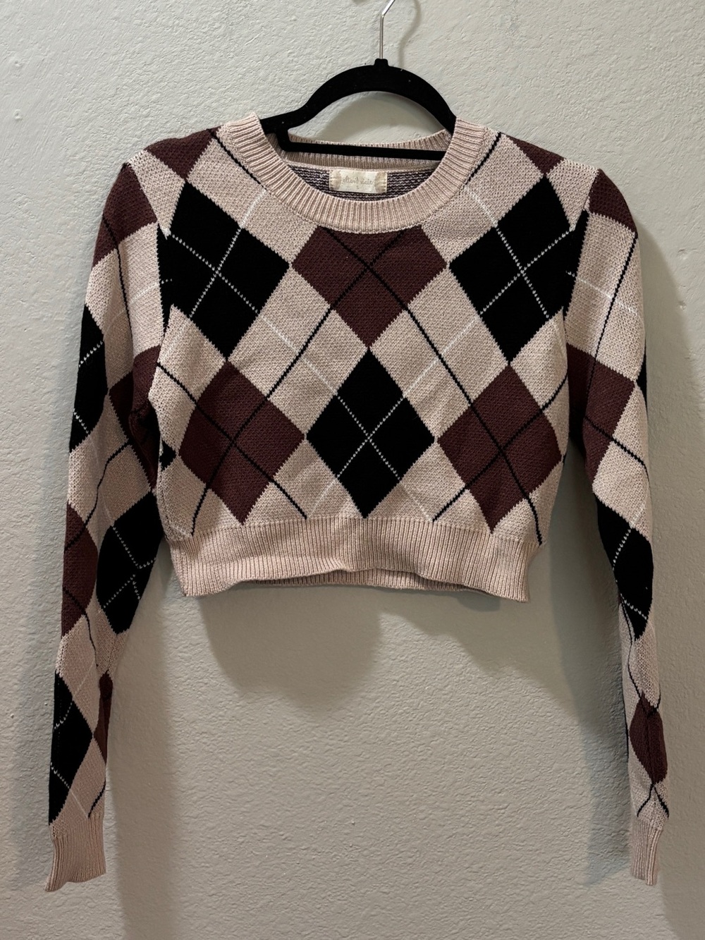Altar’d State Tan Brown Black Cropped Argyle Sweater Size Small